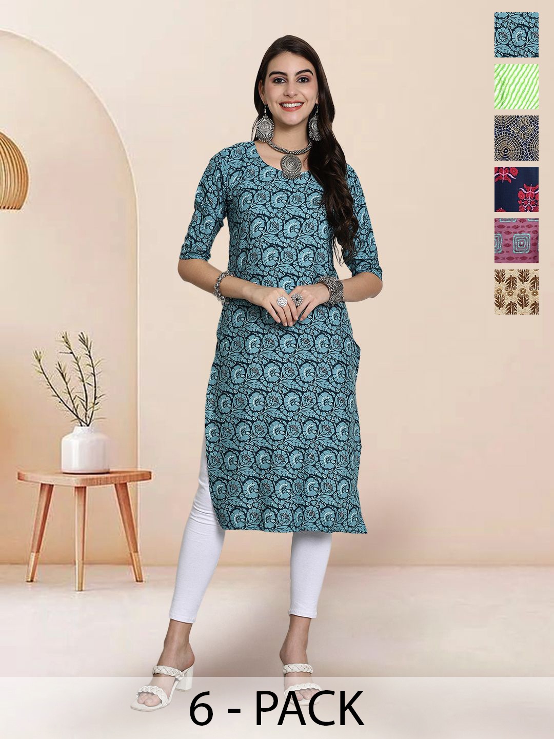 

7Threads Selection Of 6 Floral Printed Round Neck Straight Kurtas, Blue