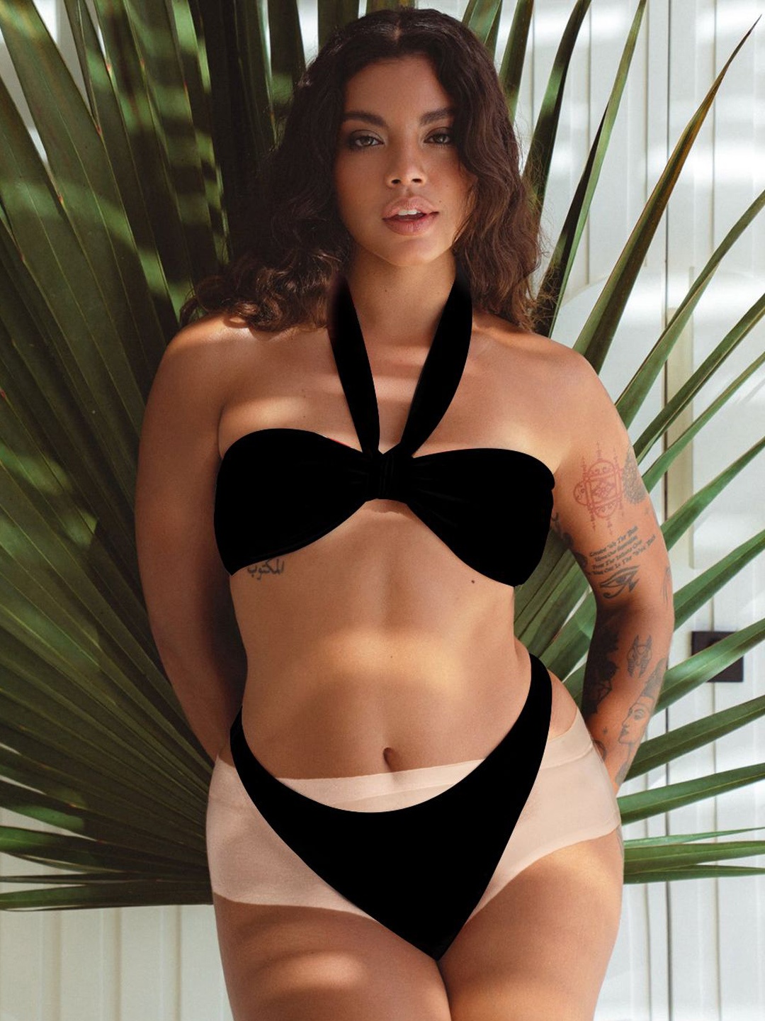 

VAGHBHATT Women Halter Neck Textured Swim Bikini Set, Black