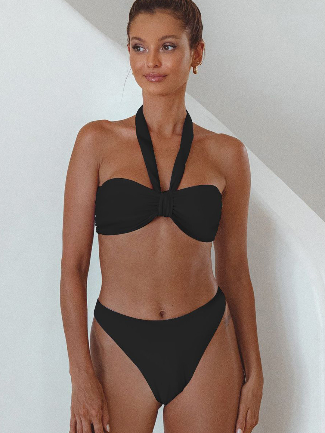 

VAGHBHATT Women Halter Neck Swim Bikini Set, Black