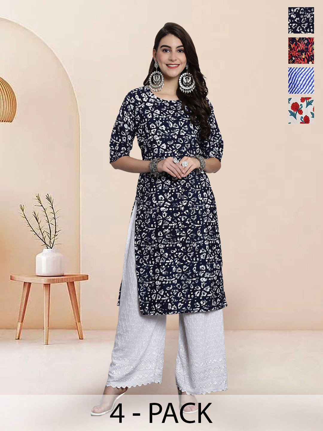 

7Threads Selection Of 4 Abstract Printed Straight Kurtas, Black