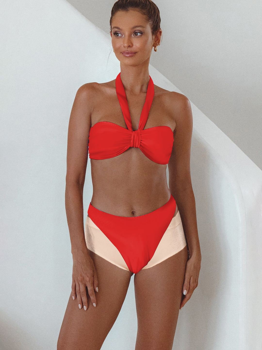 

VAGHBHATT Women Halter Neck Swim Bikini Set, Red