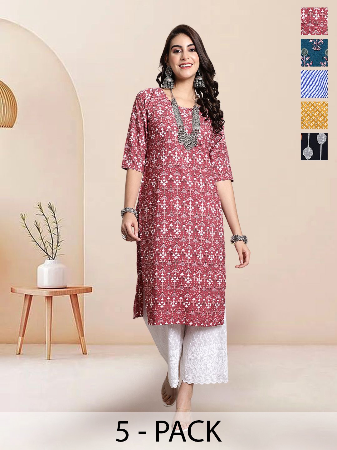 

7Threads Selection Of 5 Ethnic Motifs Printed Round Neck Straight Kurtas, Red