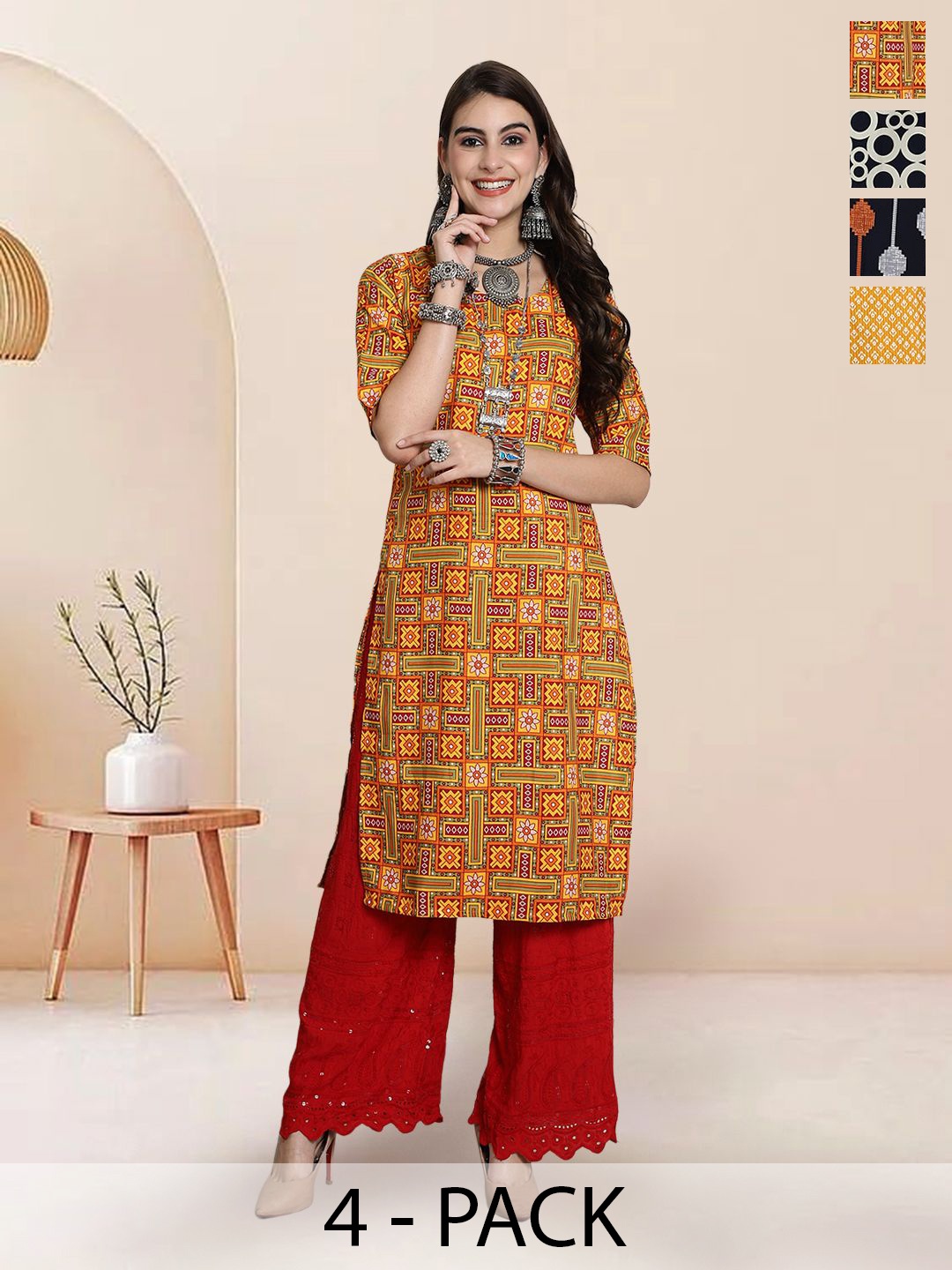 

7Threads Selection Of 4 Geometric Printed Round Neck Straight Kurtas, Yellow