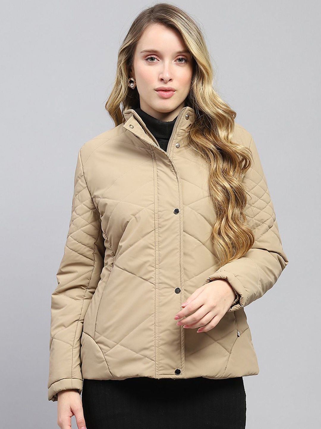 

Monte Carlo Women Mandarin Collar Solid Casual Padded Lightweight Jacket, Beige