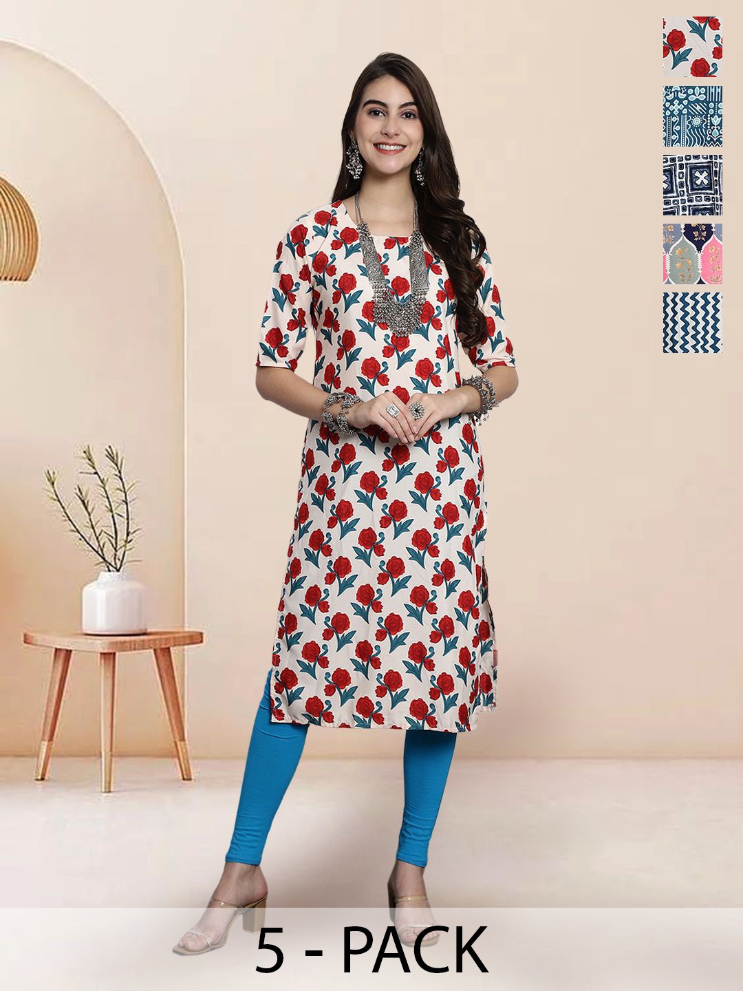 

7Threads Selection Of 5 Floral Printed Round Neck Straight Kurtas, White