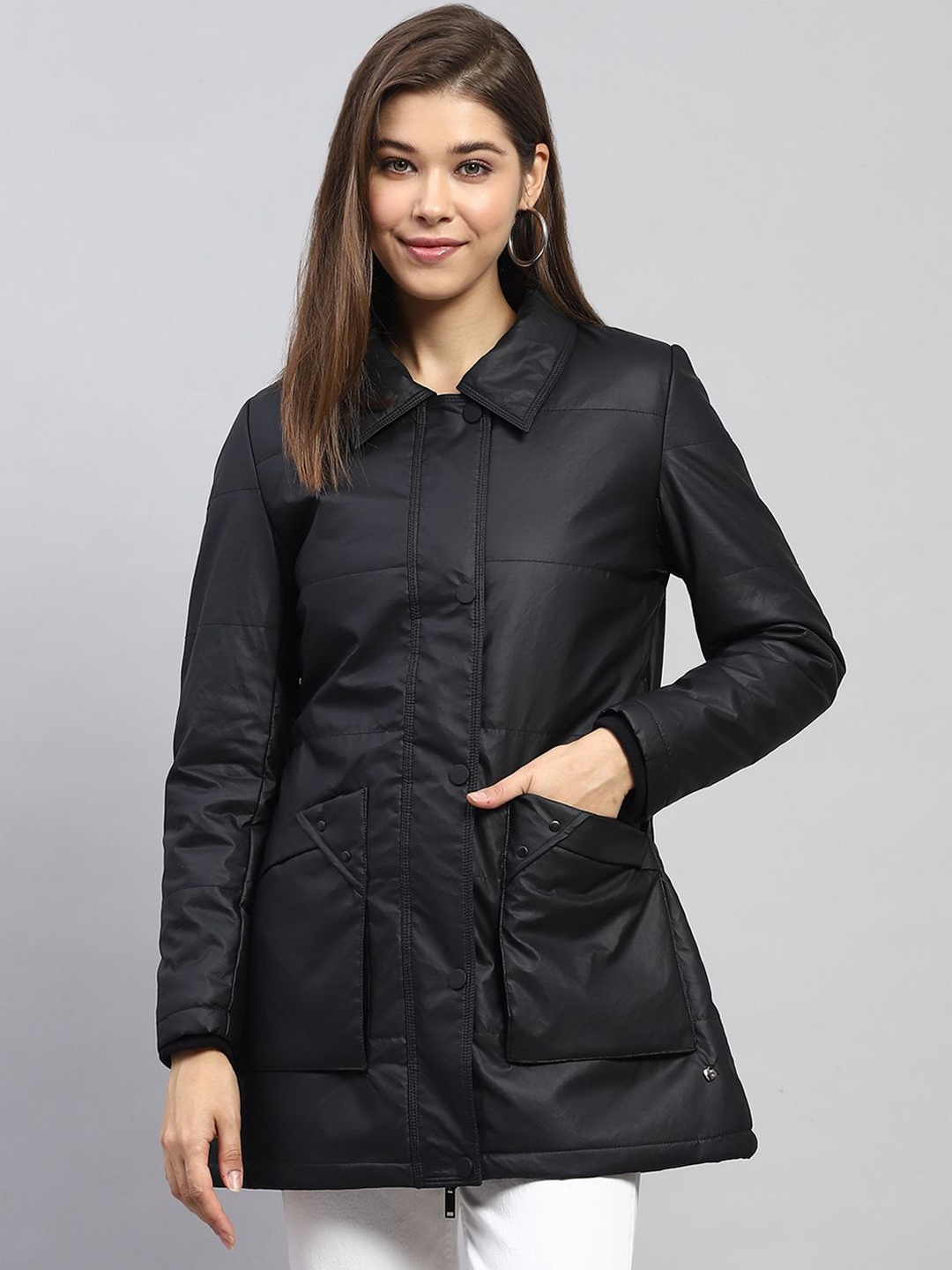 

Monte Carlo Women Spread Collar Solid Casual Padded Lightweight Jacket, Black