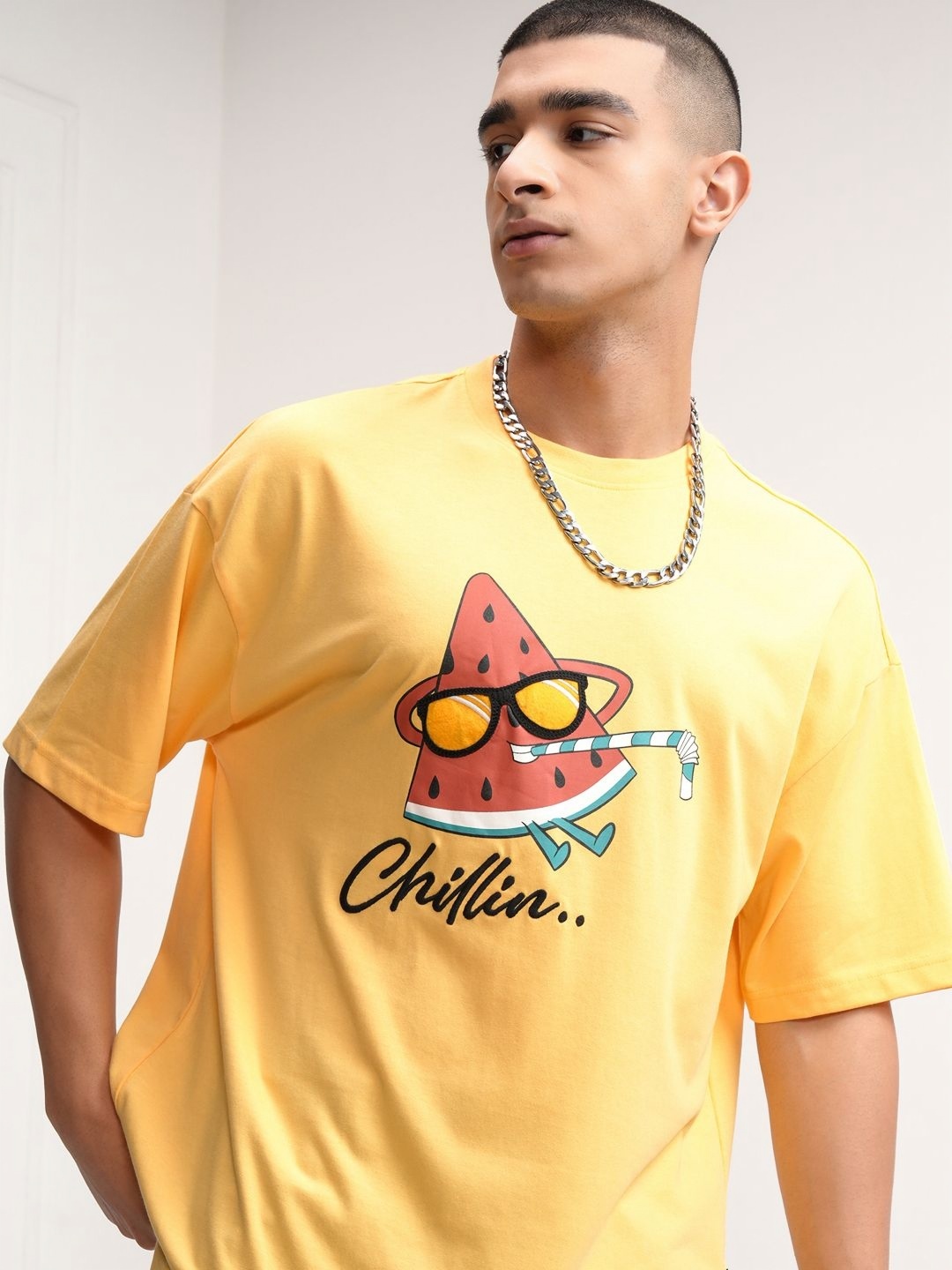 

HIGHLANDER Men Printed Round Neck Dropshoulder Oversized Tshirt, Yellow