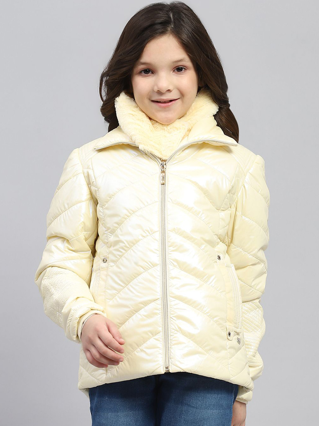 

Monte Carlo Girls Double Collar Solid Casual Parka Lightweight Jacket, Cream