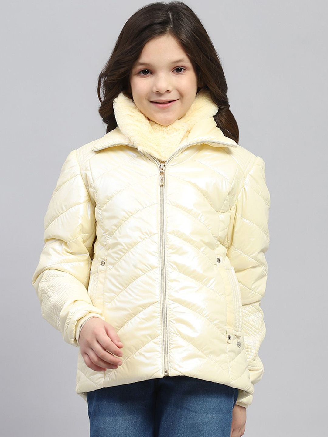 

Monte Carlo Girls Double Collar Solid Casual Parka Lightweight Jacket, Cream