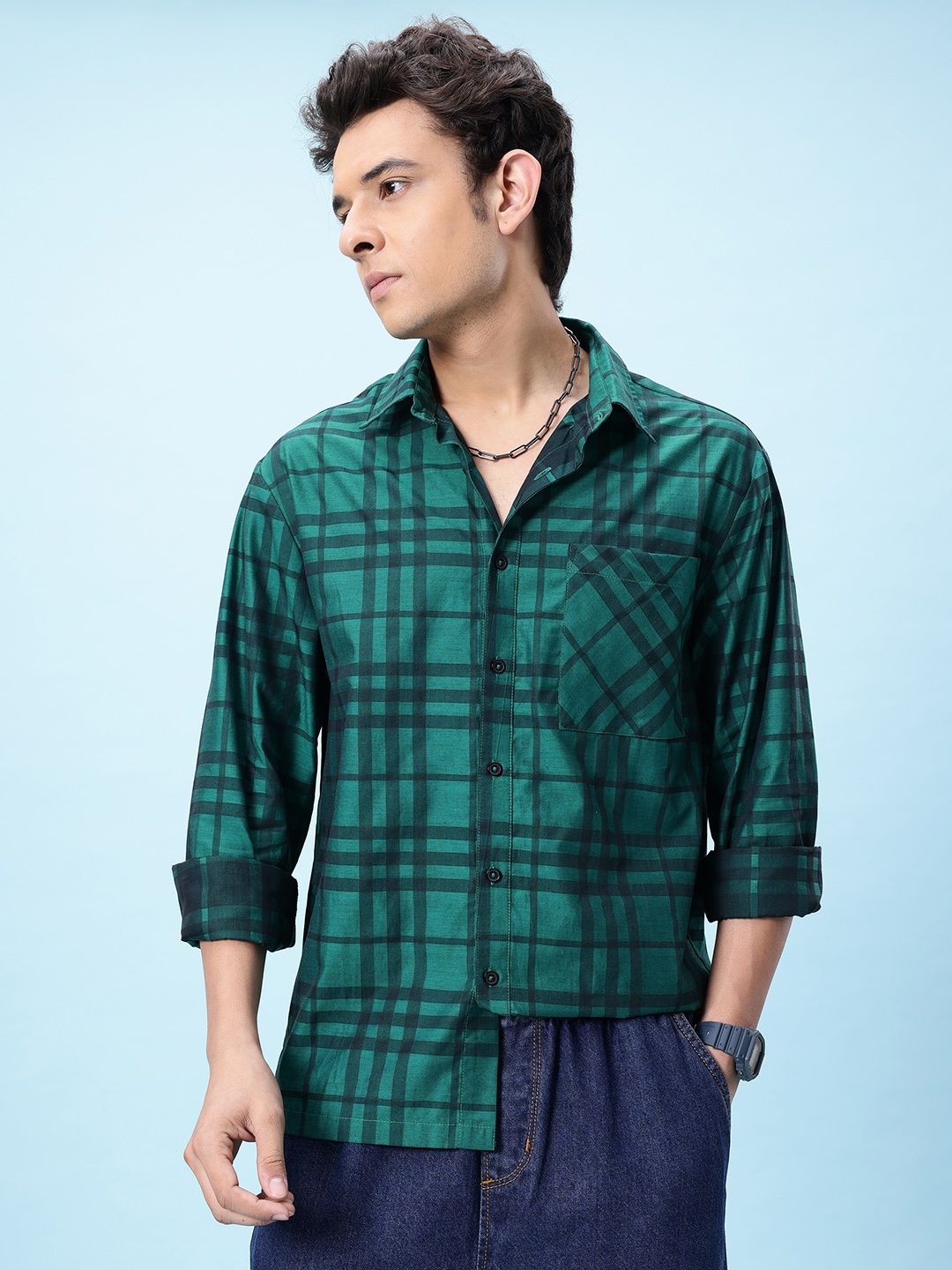 

glitchez Gridlock Style Checked Oversized Shirts, Green