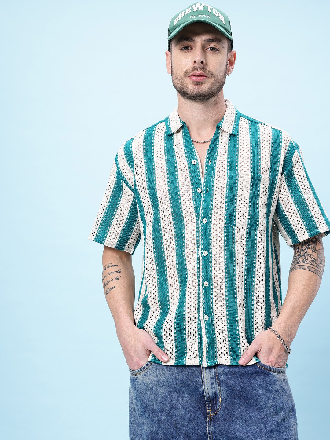 

glitchez Knitted Breeze Striped Relaxed Fit Shirts, White