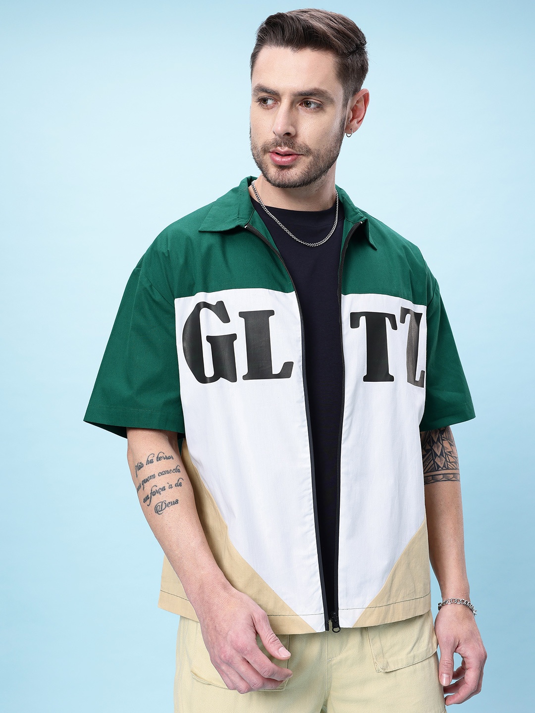 

glitchez Colour Clash Typo Print Relaxed Zipper Shirt, Teal