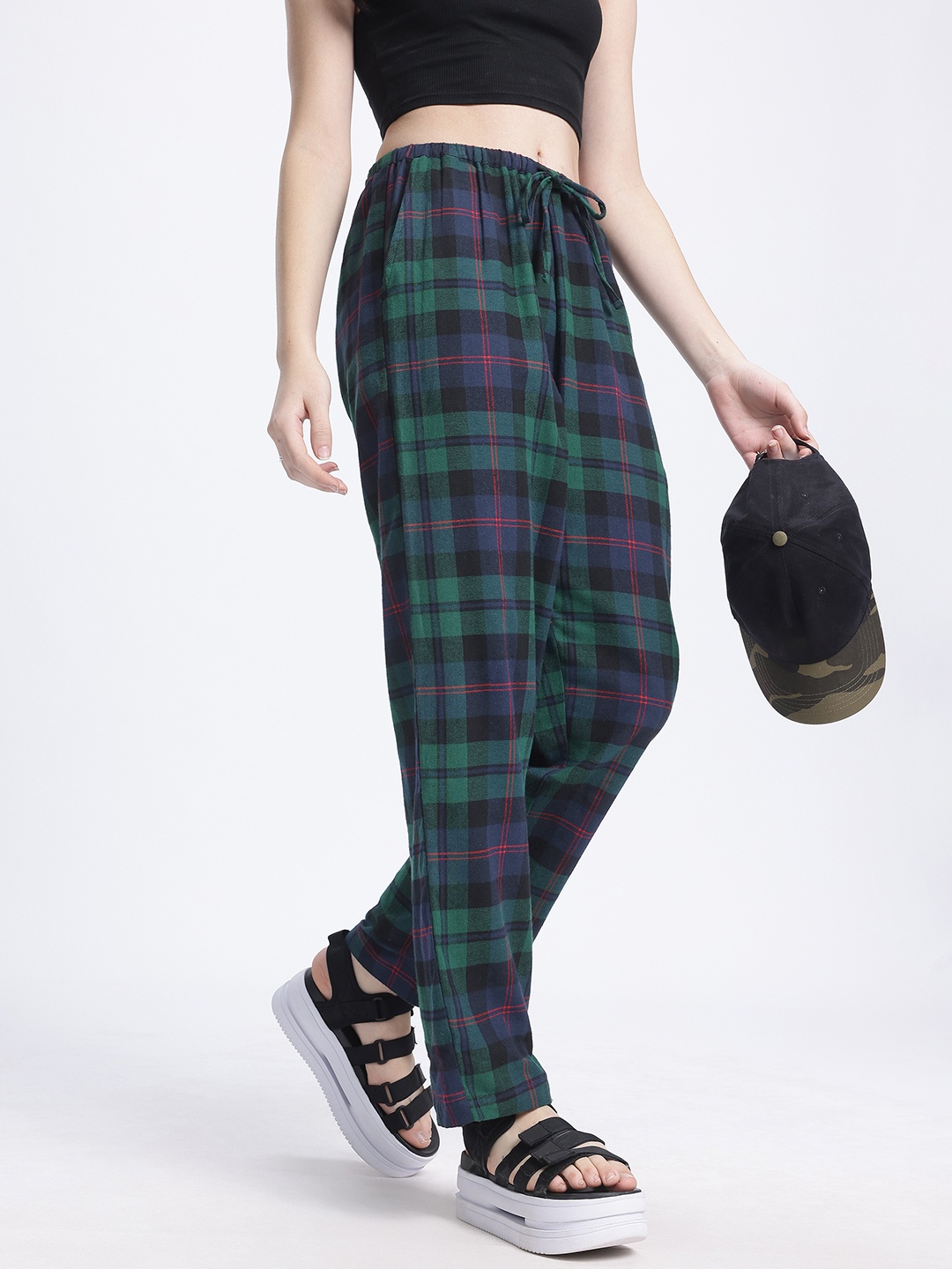 

glitchez Women Everyday Casual Checked Regular Fit Trousers, Navy blue