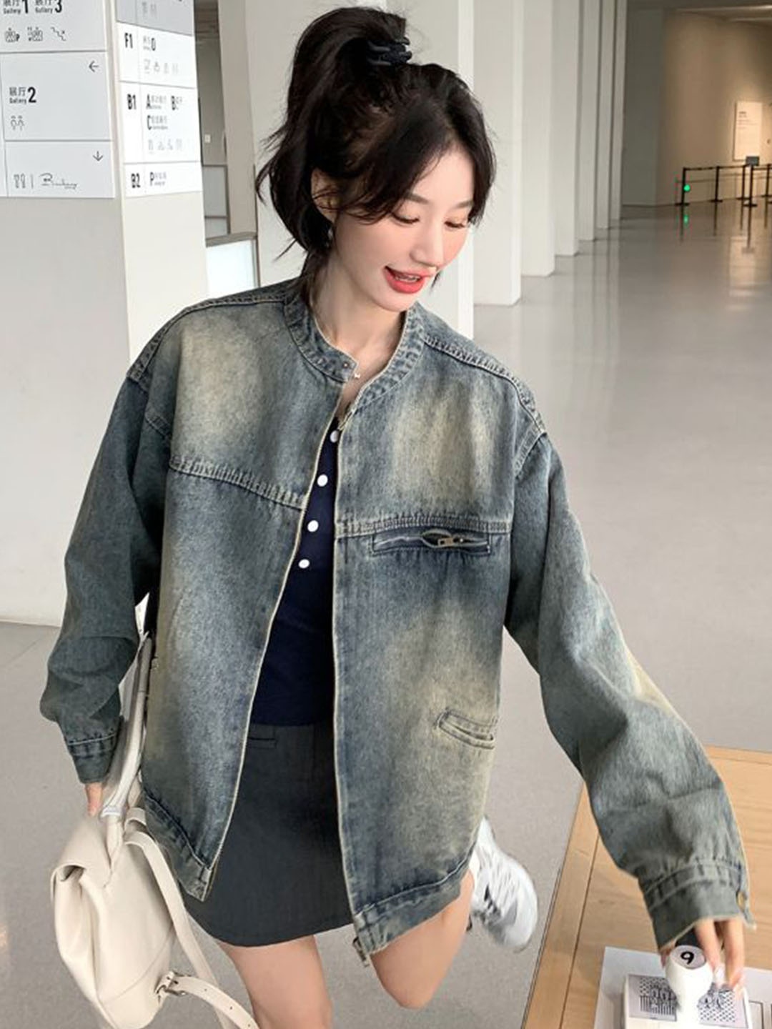 

StyleCast Women Mandarin Collar Washed Solid Casual Denim Lightweight Jacket, Blue