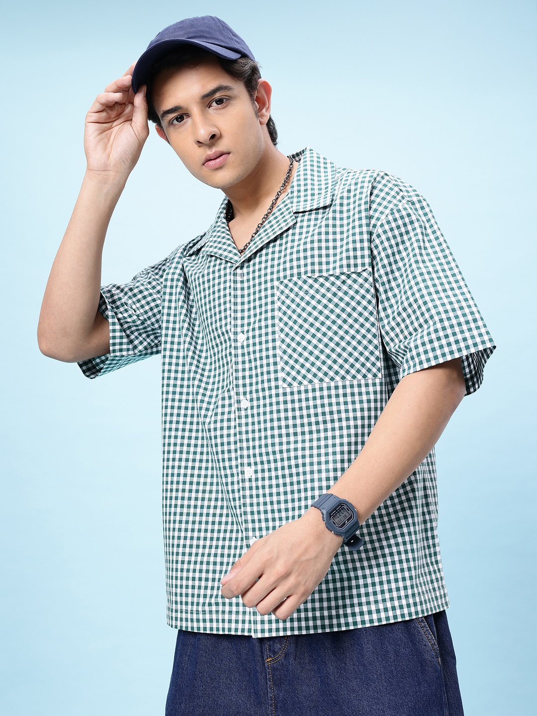 

glitchez Gingham Mood Oversized Bowling Shirt, Teal