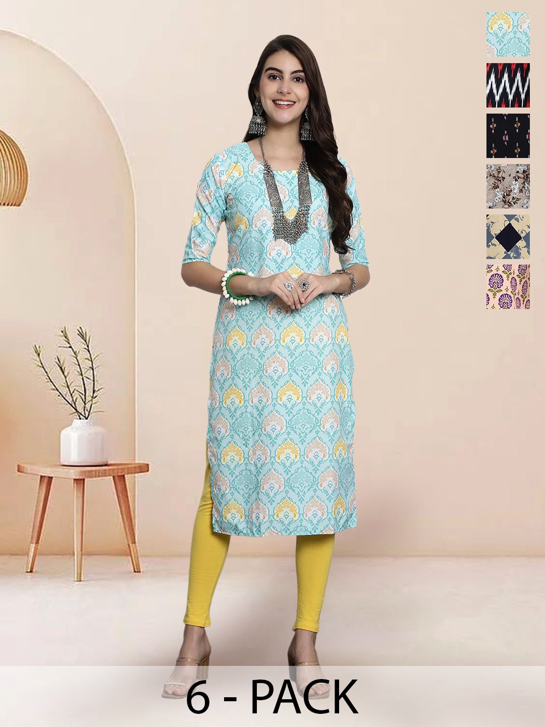 

7Threads Selection Of 6 Ethnic Motifs Printed Straight Kurtas, Blue