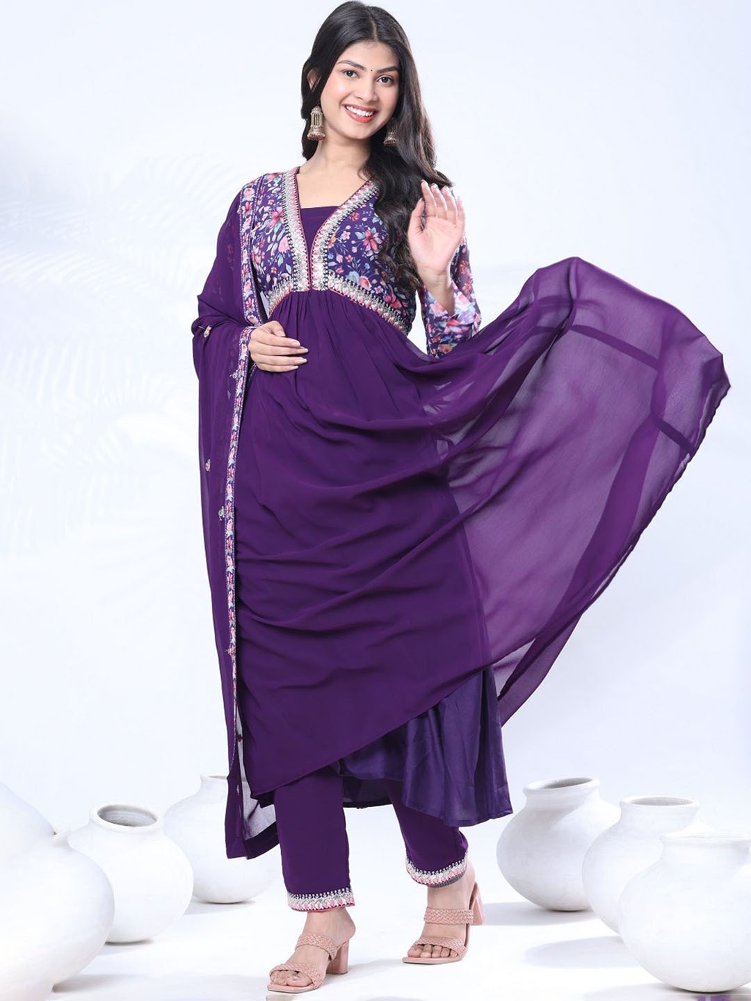 

Pionex Floral Printed Zari Embroidered Empire Kurta With Trousers And Dupatta, Purple