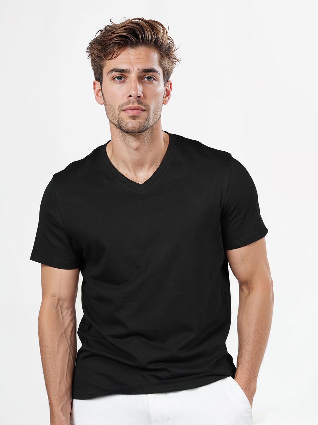 

Celio Men Solid V-Neck Cotton T-shirt, Black