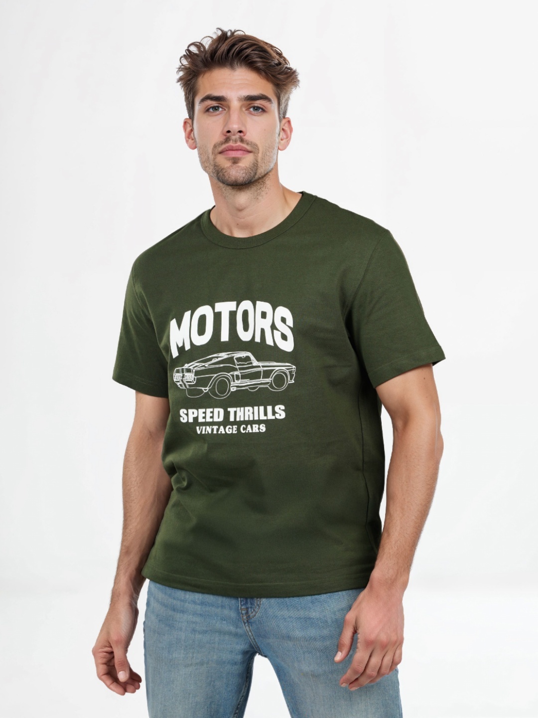 

Celio Men Typography Printed Round Neck Cotton Boxy T-shirt, Olive