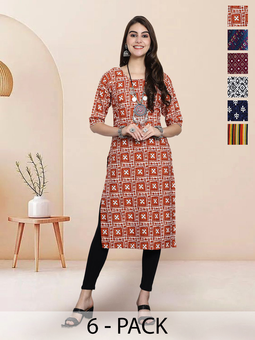 

7Threads Selection Of 6 Ethnic Motifs Printed Round Neck Straight Kurtas, Red