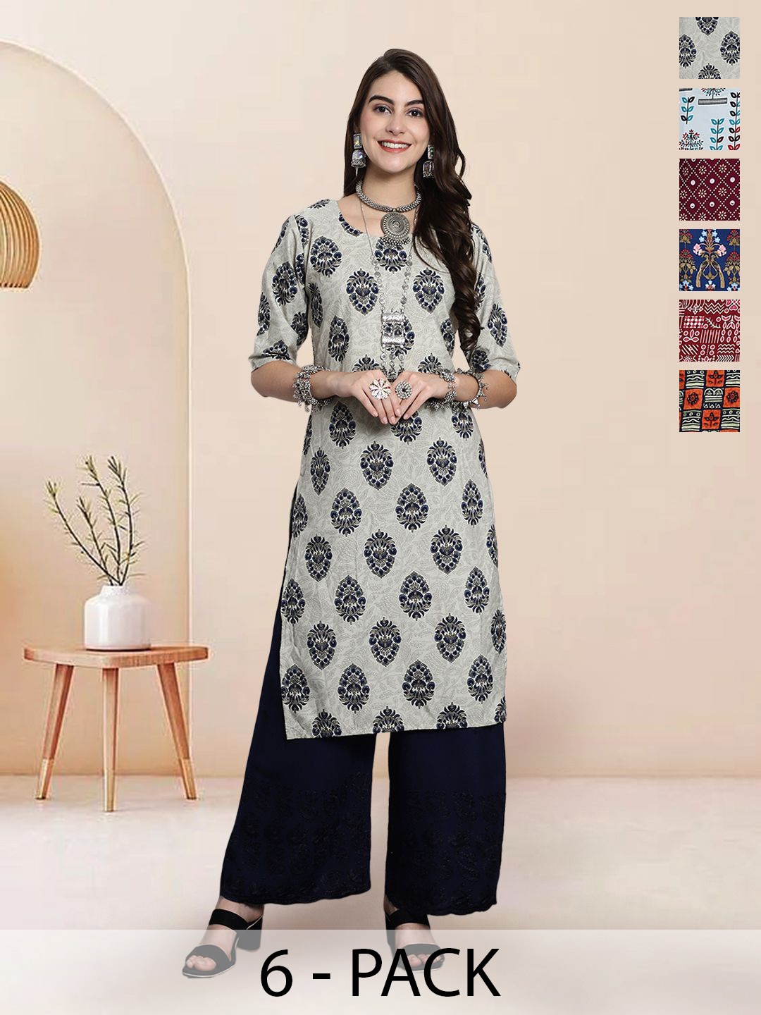 

7Threads Selection Of 6 Floral Printed Round Neck Straight Kurtas, Grey