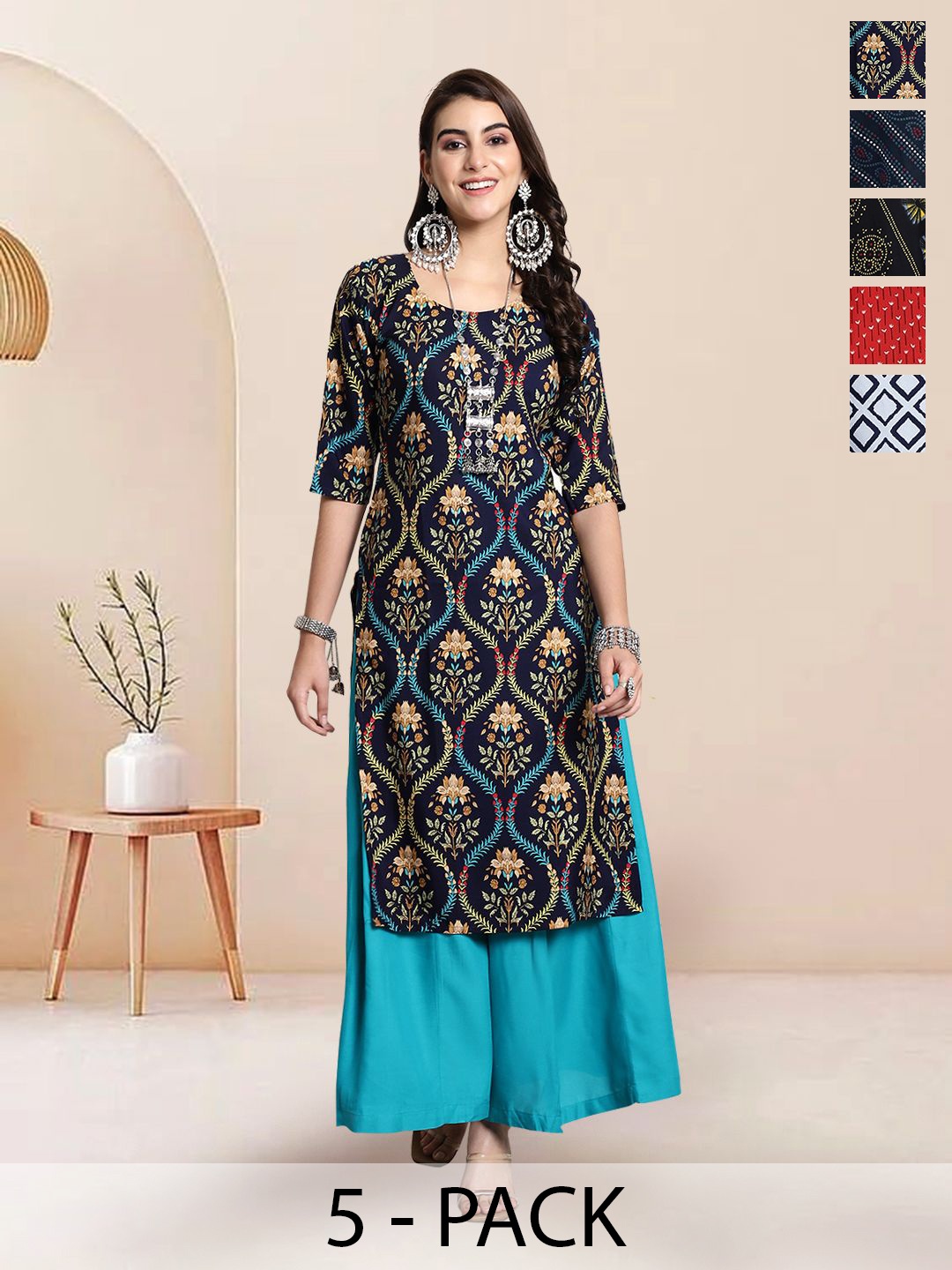 

7Threads Selection Of 5 Floral Printed Round Neck Straight Kurtas, Navy blue