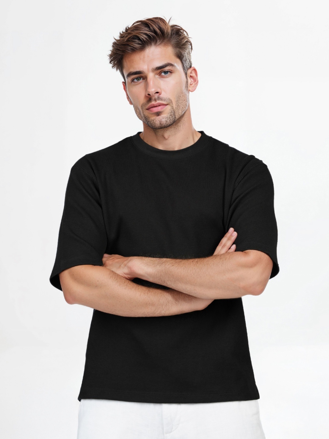 

Celio Men Self Design Round Neck Cotton Oversized T-shirt, Black