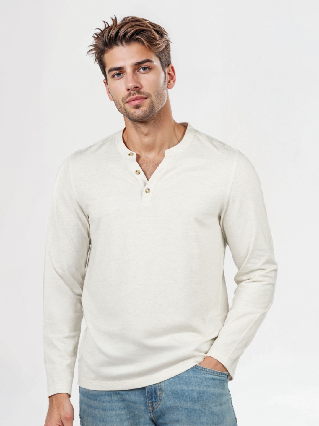 

Celio Men Solid Henley Neck Cotton T-shirt, Beige