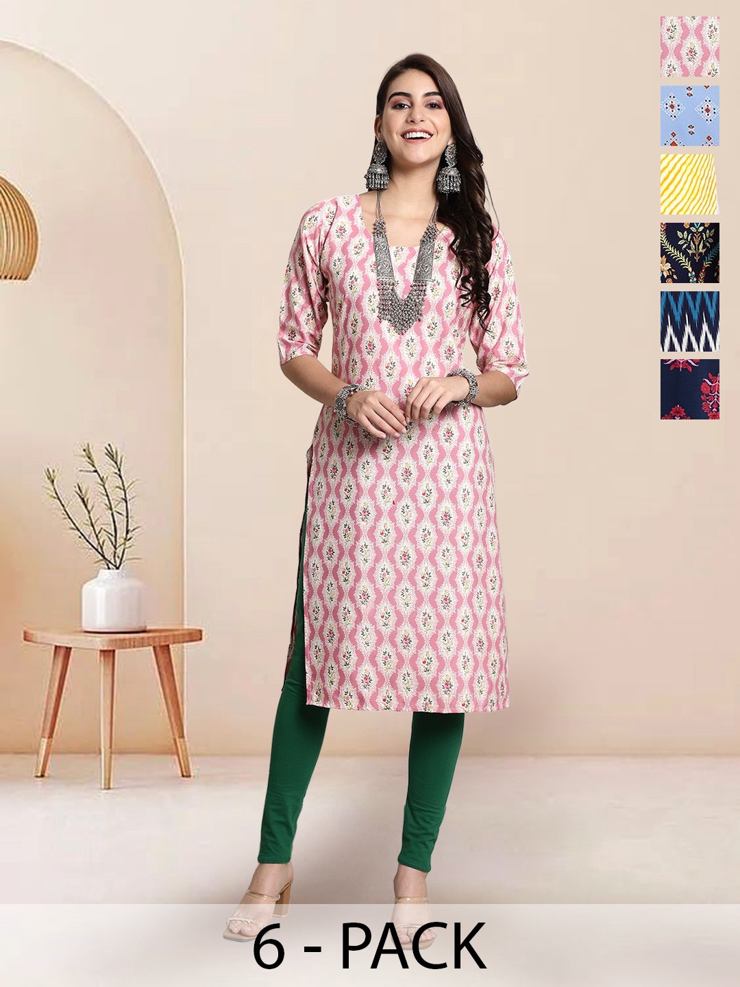 

7Threads Selection Of 6 Ethnic Motifs Printed Round Neck Straight Kurtas, Pink