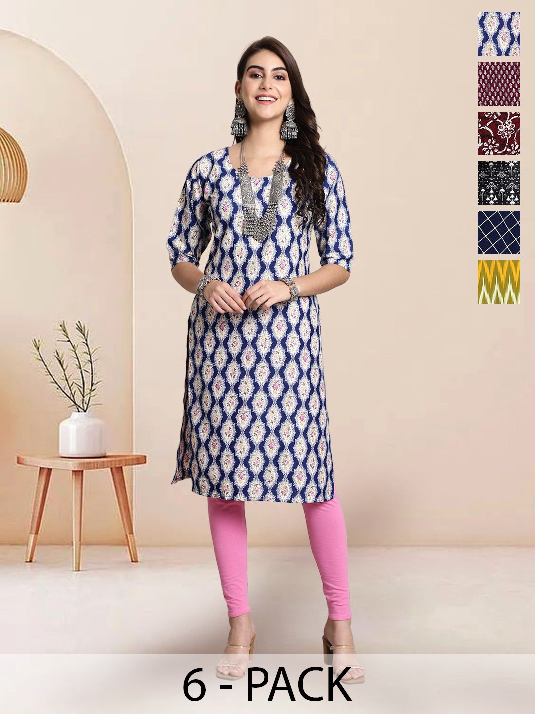 

7Threads Selection of 6 Floral Printed Round Neck Straight Kurtas, Blue