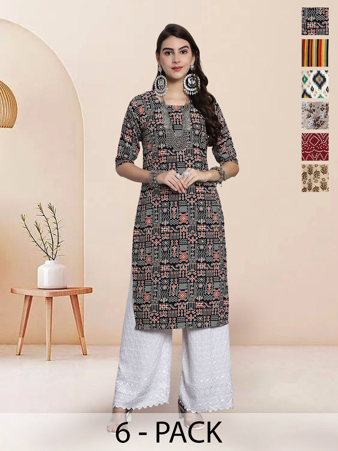 

7Threads Selection of 6 Geometric Printed Round Neck Straight Kurtas, Black