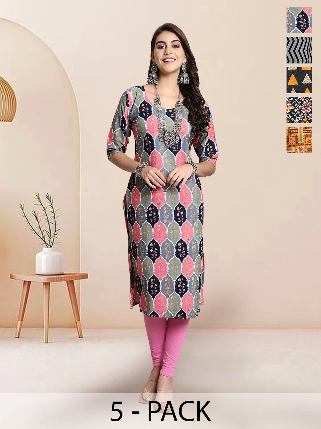 

7Threads Selection Of 5 Ethnic Motifs Printed Round Neck Kurtas, Pink