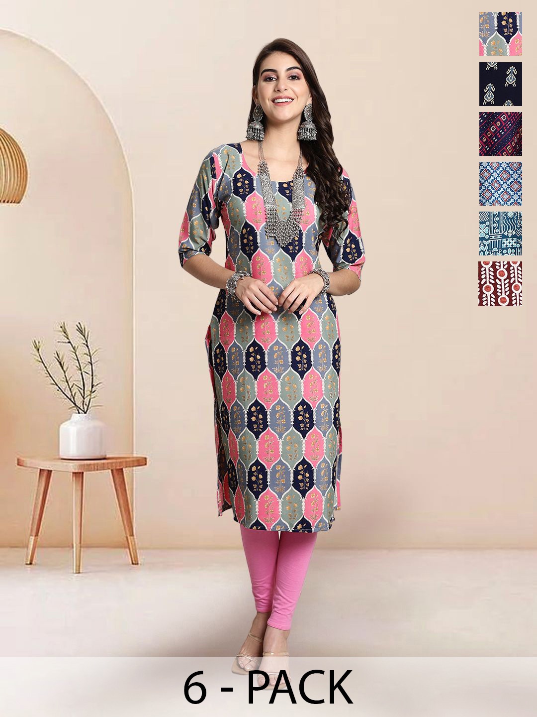 

7Threads Selection Of 6 Ethnic Motifs Printed Round Neck Straight Kurtas, Pink
