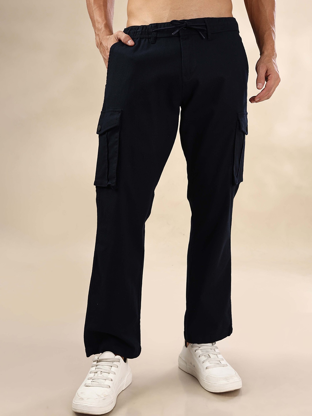 

HERE&NOW Men Pure Cotton Loose Fit Cargos Trousers, Navy blue