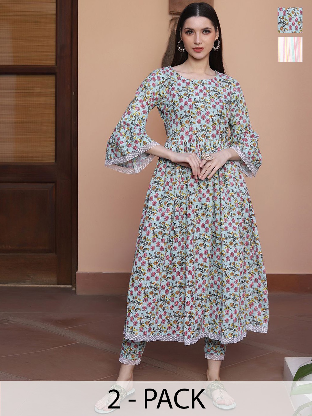 

KALINI Floral Printed Round Neck Anarkali Kurta with Trousers, Blue