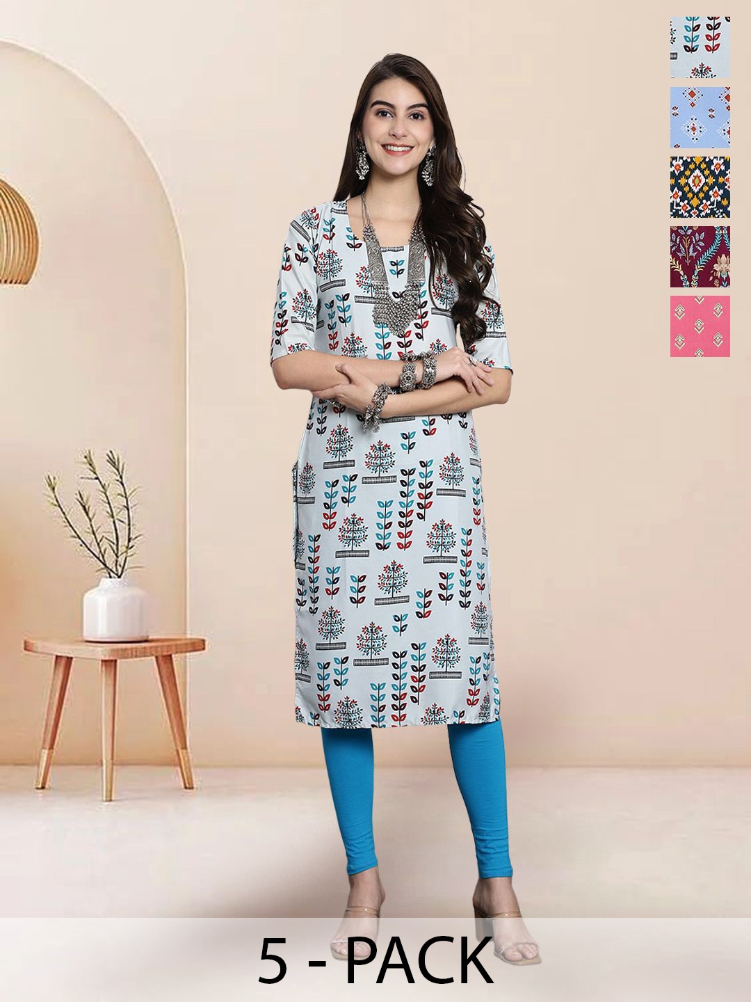 

7Threads Selection Of 5 Ethnic Motifs Printed Round Neck Straight Kurtas, White