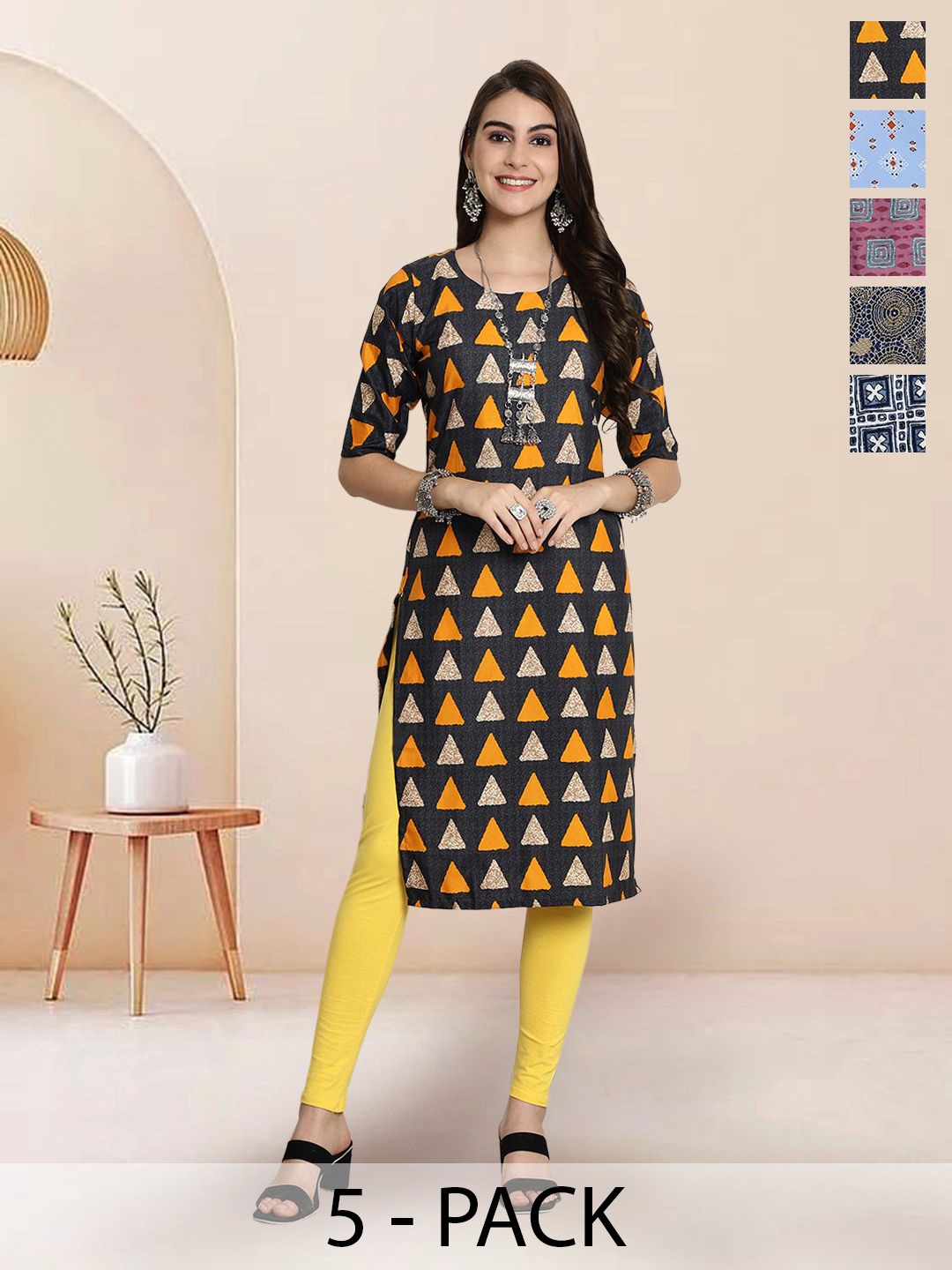 

7Threads Selection Of 6 Geometric Printed Straight Kurtas, Black