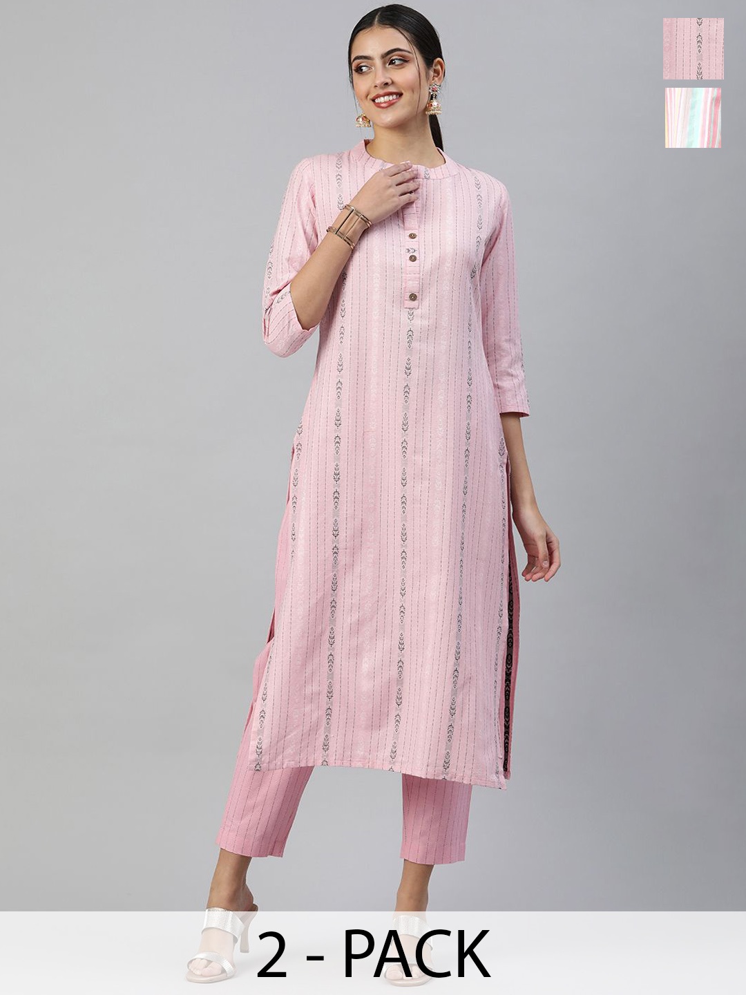 

KALINI Selection Of 2 Striped Mandarin Collar Straight Kurtas With Trousers, Pink