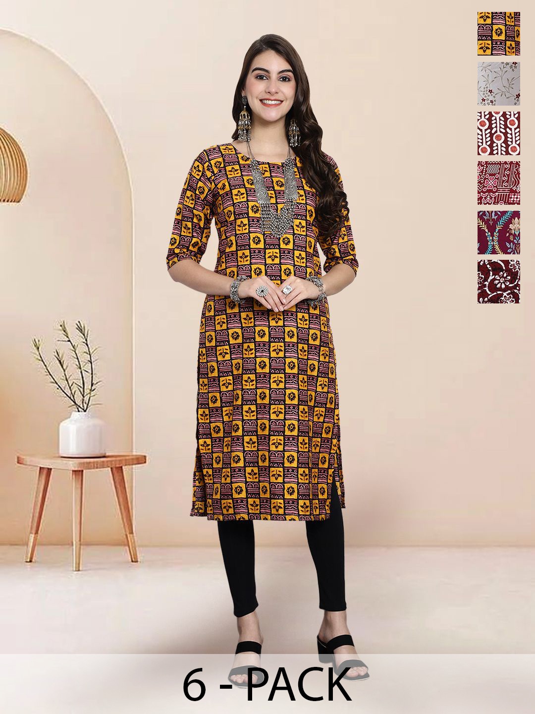 

7Threads Selection of 6 Ethnic Motifs Printed Round Neck Straight Kurtas, Yellow