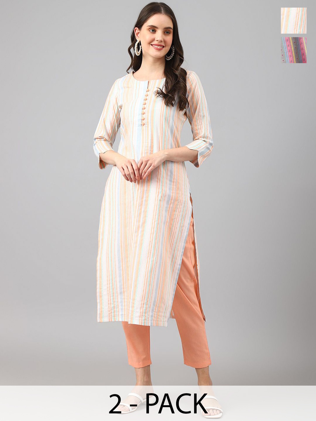 

KALINI Selection Of 2 Striped Round Neck Straight Kurtas with Trousers, Pink