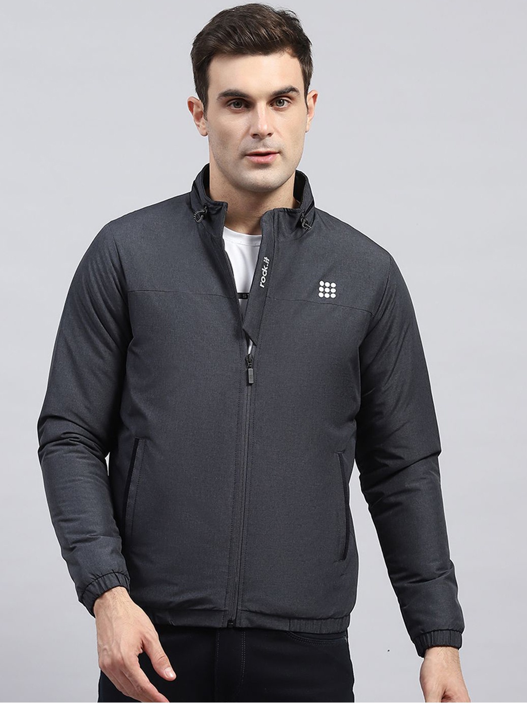 

rock.it Men Mock Collar Solid Casual Lightweight Tailored Jacket, Charcoal