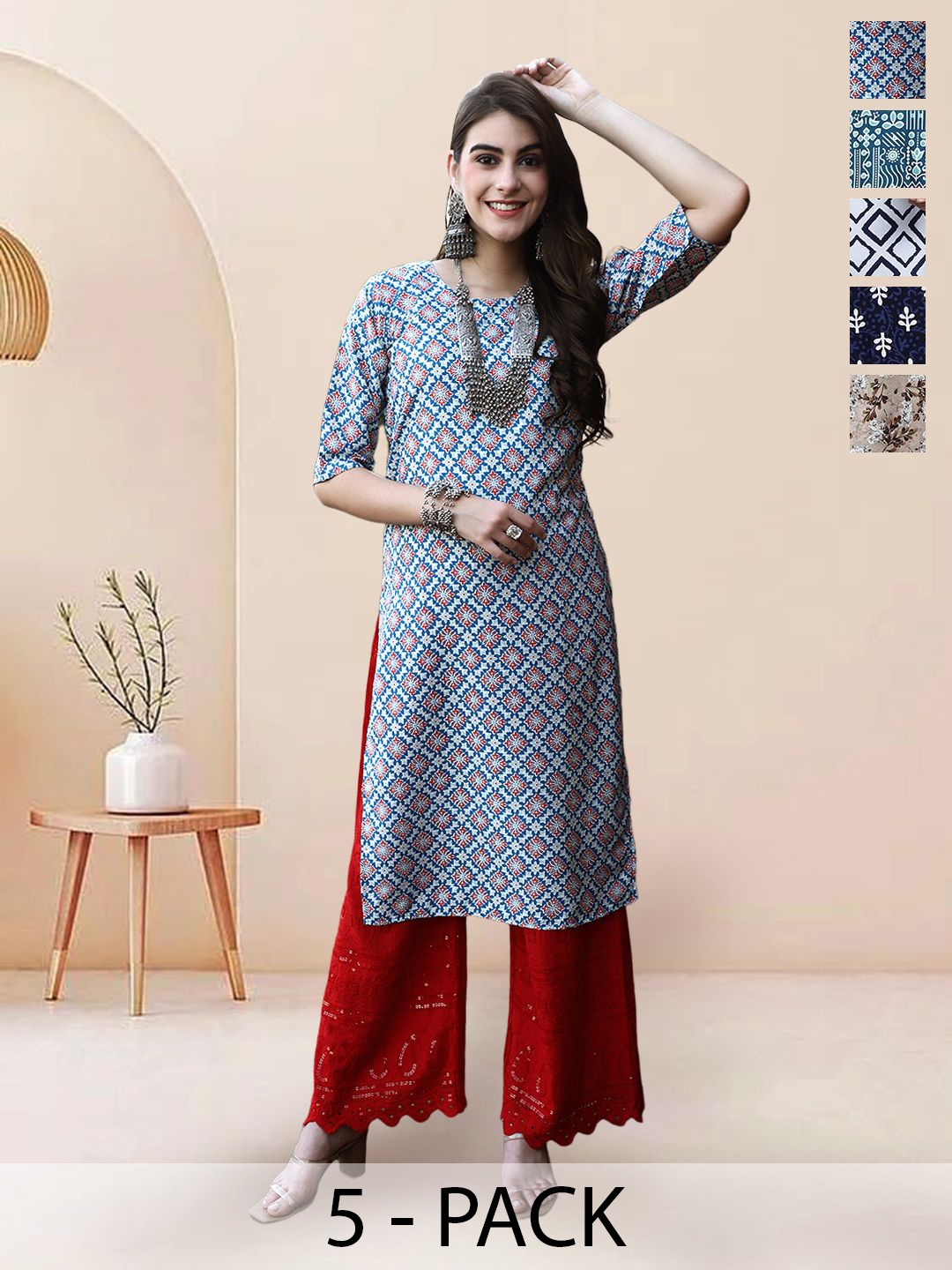 

7Threads Selection Of 5 Ethnic Motifs Printed Straight Kurtas, Blue