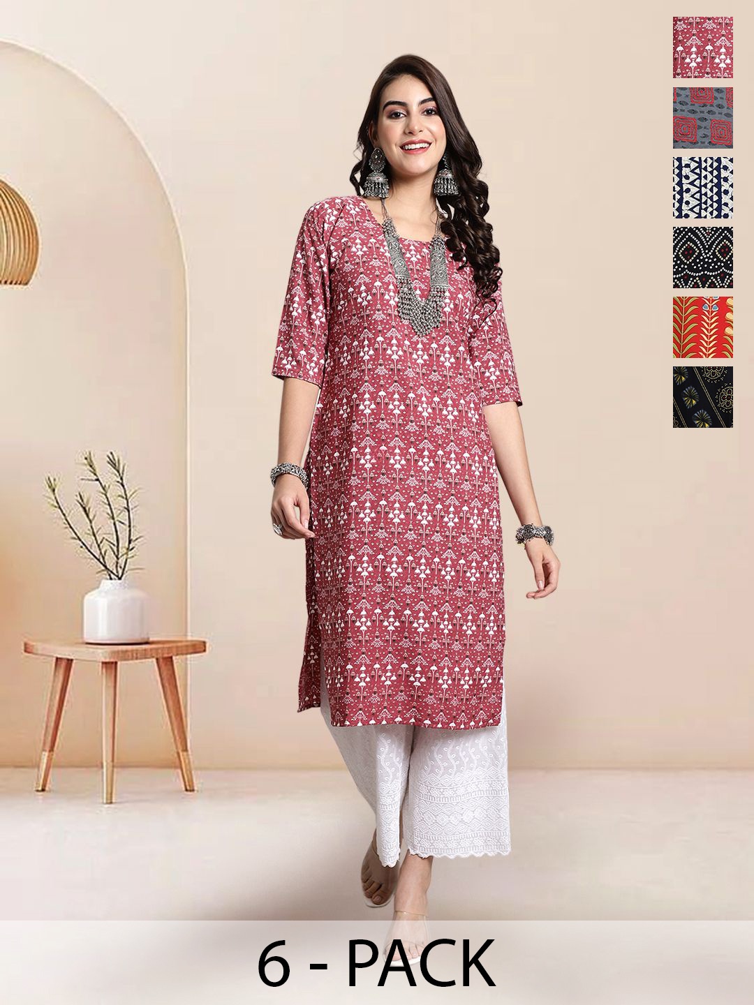 

7Threads Selection of 6 Floral Printed Round Neck Straight Kurtas, Rust