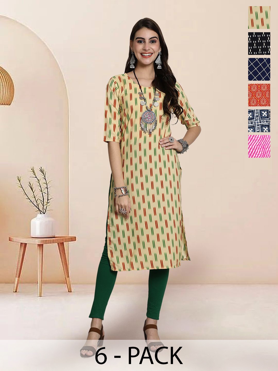 

7Threads Selection Of 6 Geometric Printed Straight Kurtas, Cream