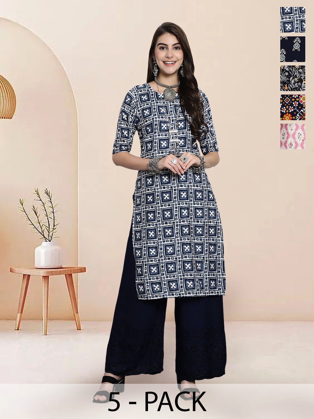 

7Threads Selection Of 5 Ethnic Motifs Printed Straight Kurtas, Grey