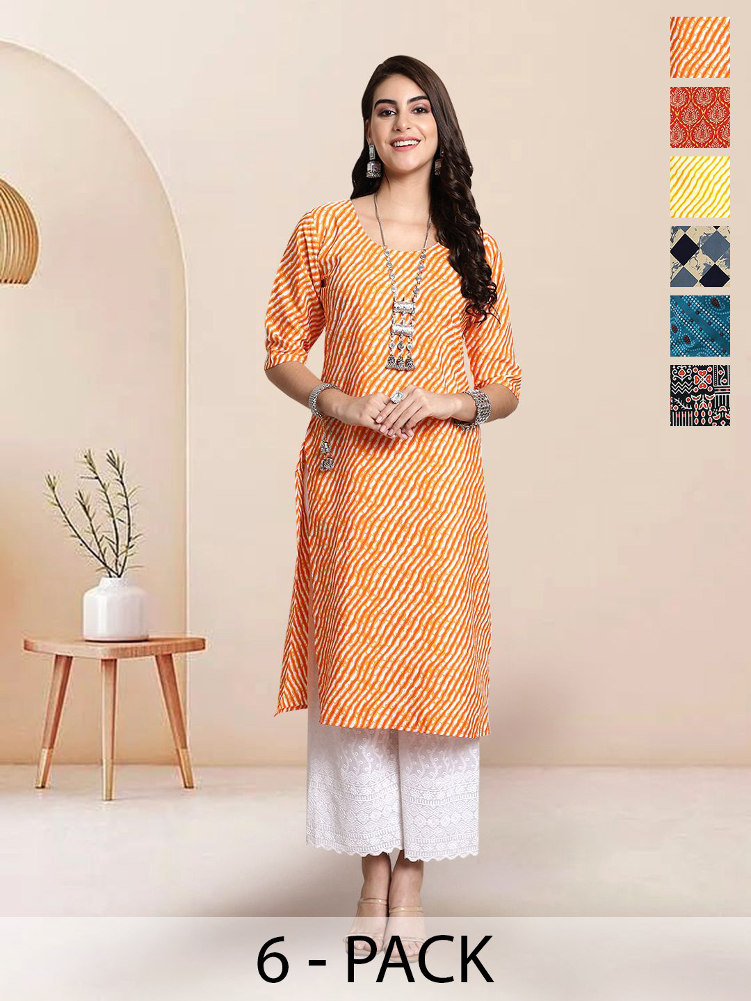 

7Threads Selection Of 6 Leheriya Printed Round Neck Kurtas, Orange