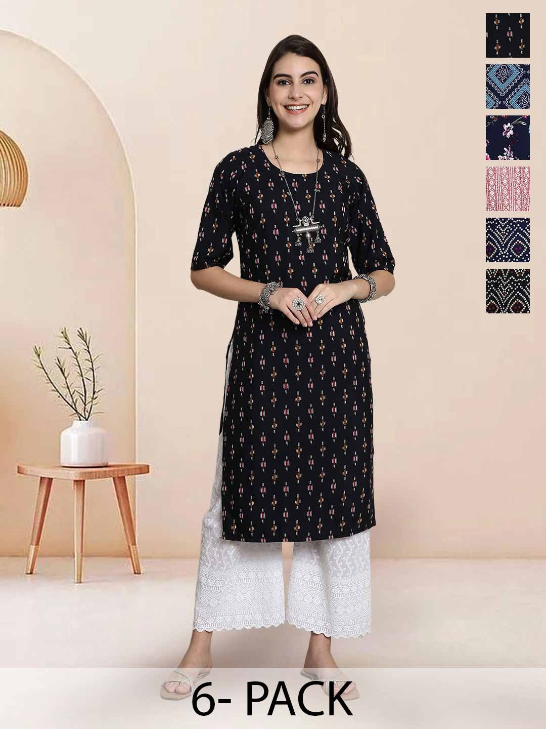 

7Threads Selection Of 6 Geometric Printed Round Neck Straight Kurtas, Pink