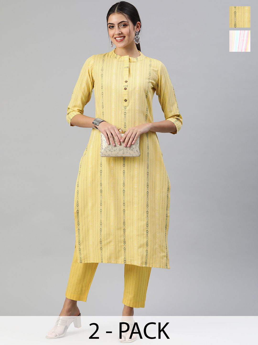 

KALINI Selection Of 2 Striped Mandarin Collar Straight Kurtas With Trousers, Yellow