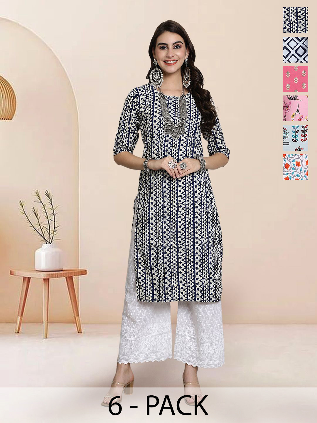 

7Threads Selection Of 6 Geometric Printed Round Neck Straight Kurtas, Black