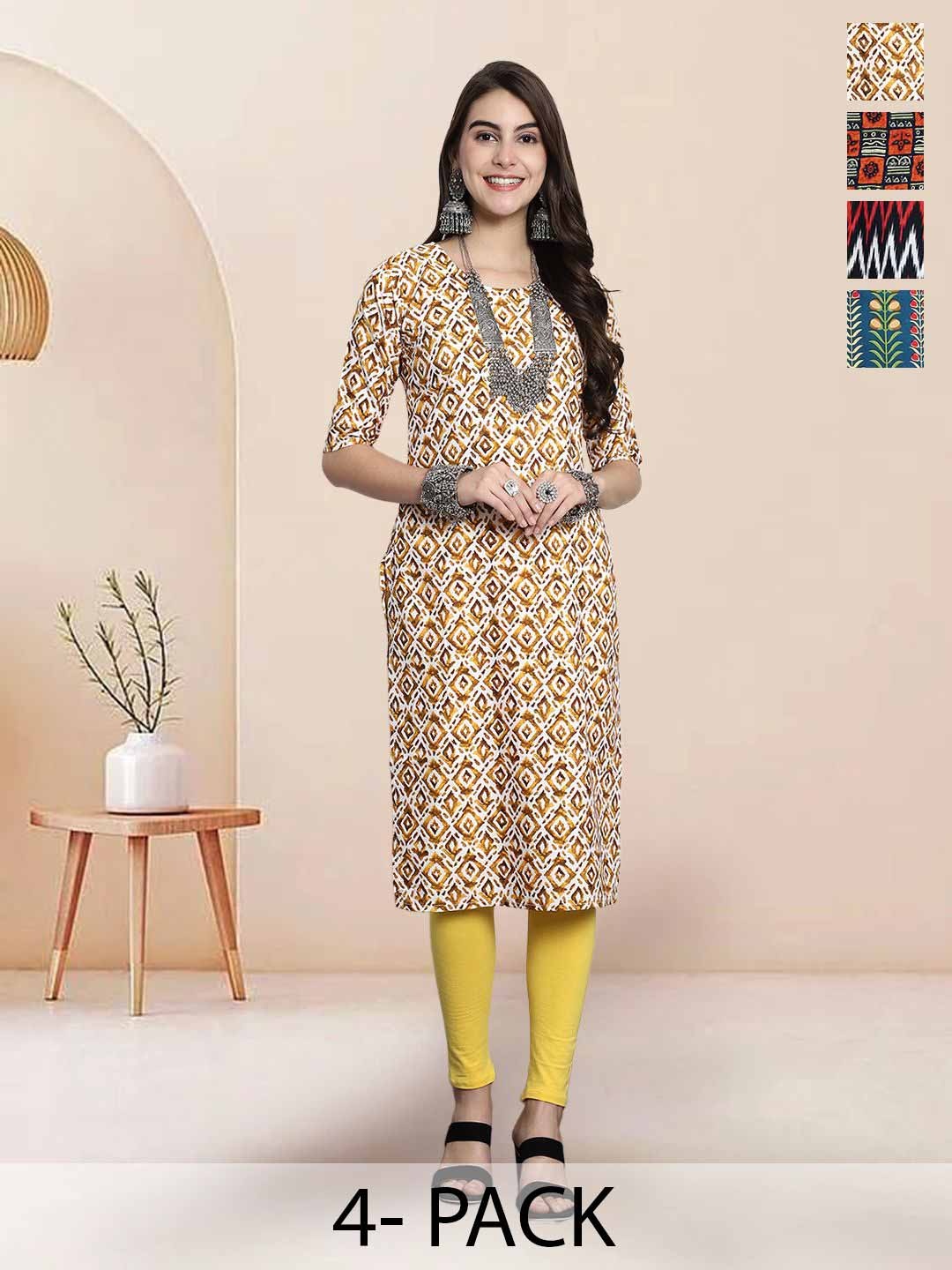 

7Threads Selection Of 5 Geometric Printed Round Neck Kurtas, Brown